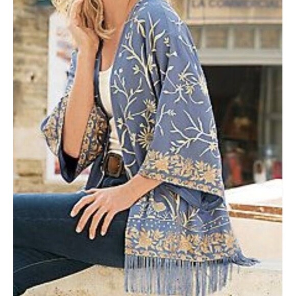 Soft Surroundings Tops - Soft Surroundings Size S/M Hidden Garden Fringe Blue Cream Embroidered Kimono